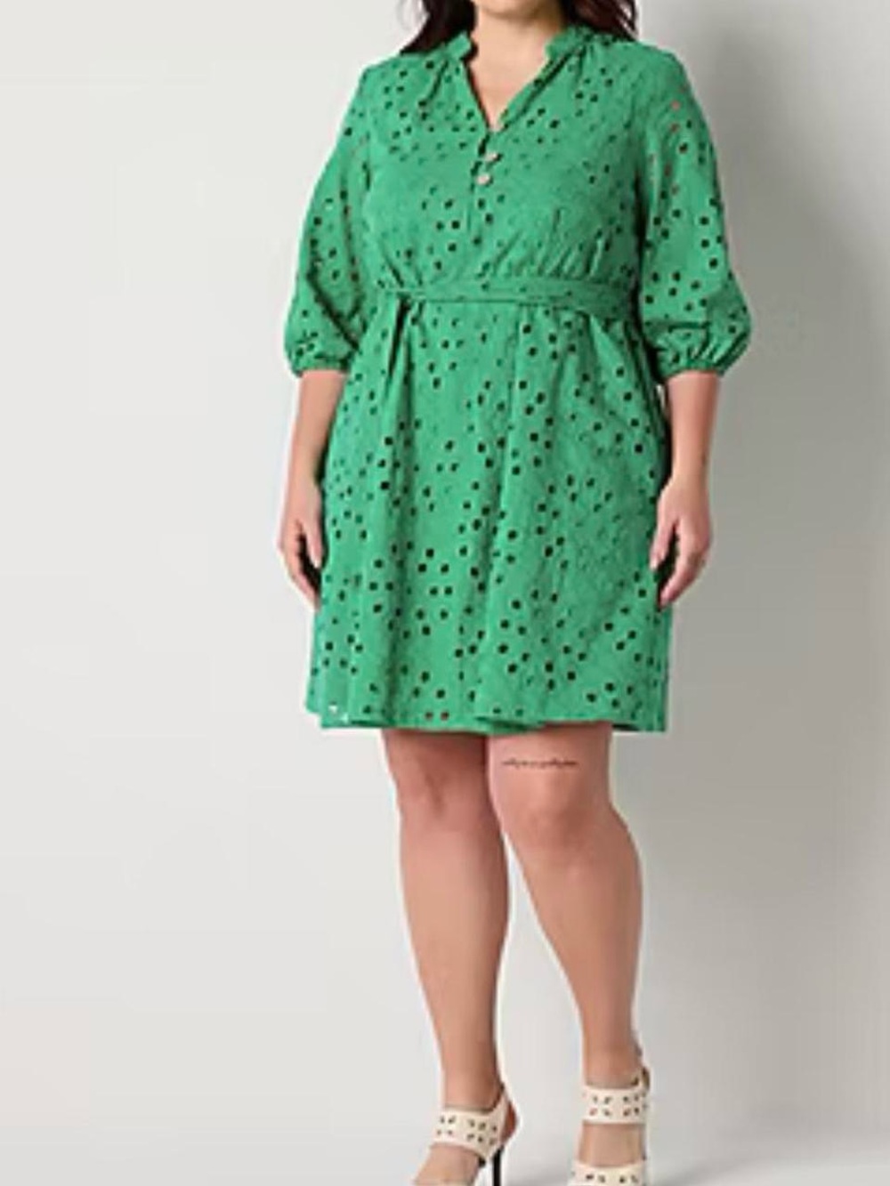 Ronni Nicole Green Eyelet Belted Mini Dress